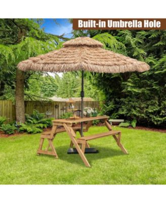2-in-1 Transforming Interchangeable Wooden Picnic Table Bench with Umbrella Hole-Dark Brown