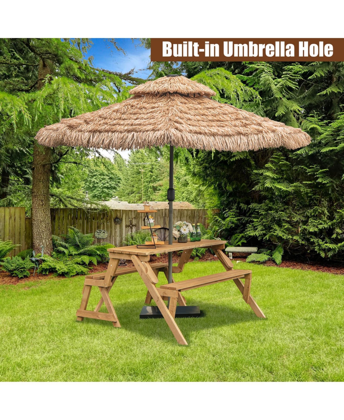 Slickblue 2-in-1 Transforming Interchangeable Wooden Picnic Table Bench with Umbrella Hole-Dark Brown
