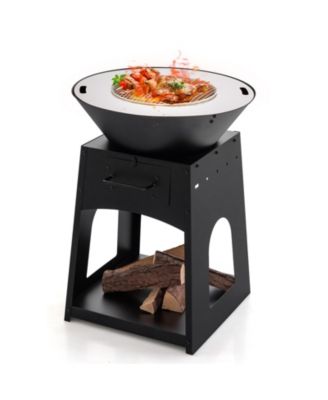 Patio Fire Pit with Firewood Log Rack with Grill and Ash Box