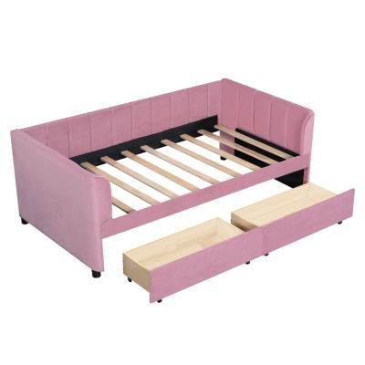 Streamdale Pink Upholstered Daybed with Ergonomic Backrest and Drawers