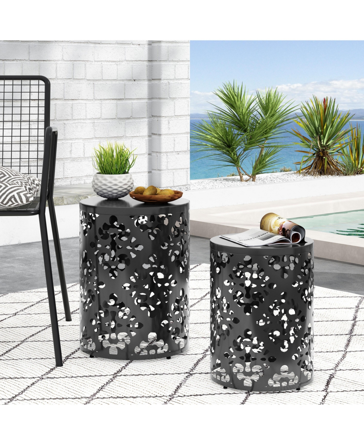 Elegant Iron Cut Side Table Set with Cylindrical Structure