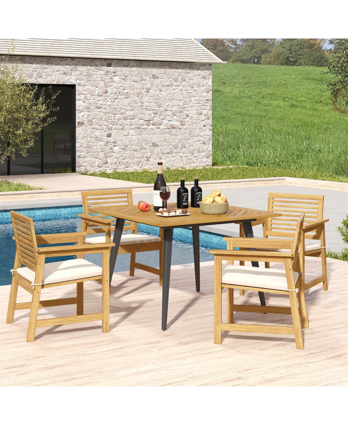 Slickblue 4-Person Acacia Wood Outdoor Dining Table for Garden Poolside and Backyard