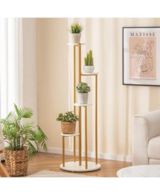 Indoor Metal Plant Stand Corner Plant Shelf for Potted Plant with Golden Metal Frame-White