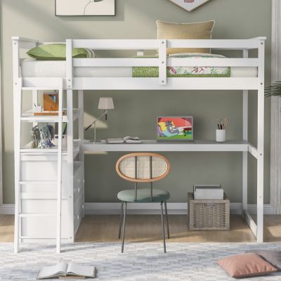 Twin Size Loft Bed With Desk And Shelves, Two Built-In Drawers