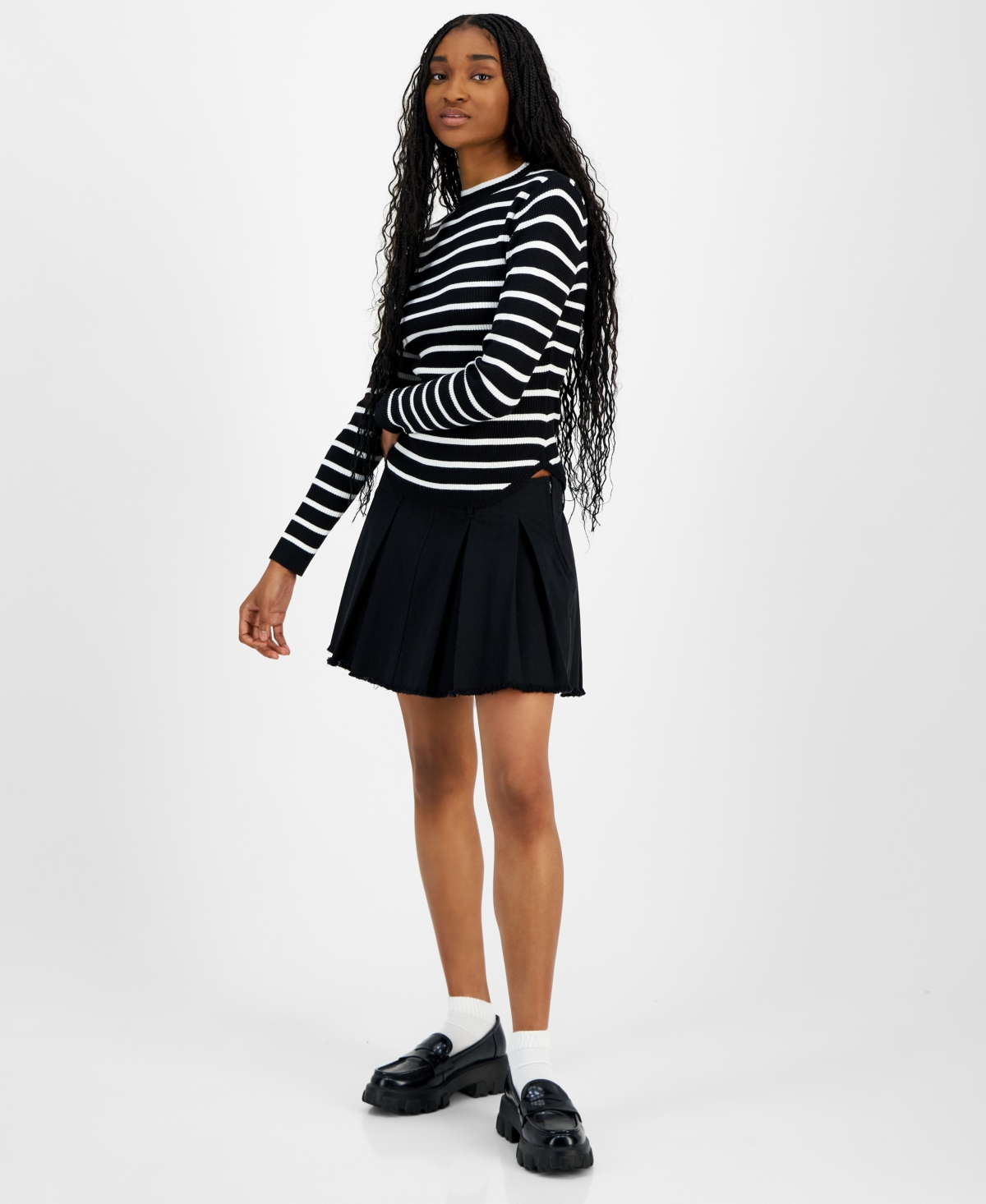 Madden Girl Juniors' Striped Crewneck Long-Sleeve Sweater