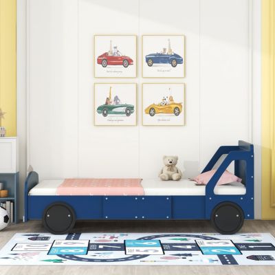 Streamdale Twin Size Car-Shaped Platform Bed With Wheels, Blue