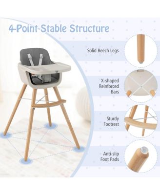 Toddler 3 in 1 Convertible Wooden High Chair Feeding Chair with Cushion