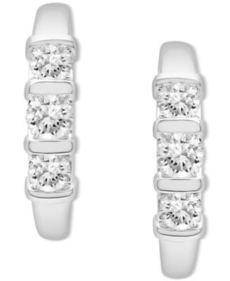 Diamond Three Stone Small Hoop Earrings (1-1/2 ct. t.w.) in 14k White Gold or 14k Yellow Gold