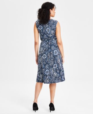 Kasper Womens Paisley Print Top Flared Midi Skirt In Blue Heron
