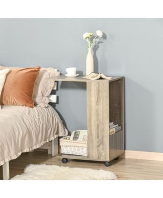 Rolling Beside Table Sofa Side Table Tray w/ Storage and Casters, Grey