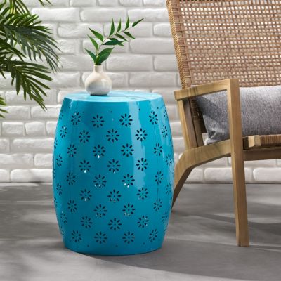Lace-Cut Metal Outdoor Side Table - Barrel Shape