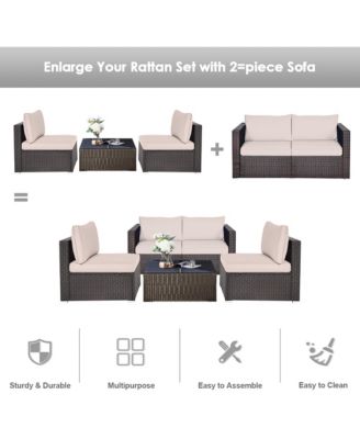 2PCS Rattan Corner Sofa Set Patio Outdoor Furniture Set w/ 4 Beige Cushions