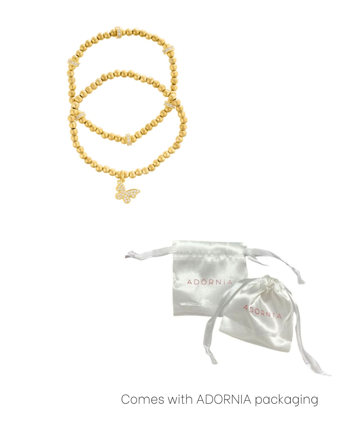 Adornia Gold Plated Pair Of Bead Bracelets With Crystal Butterfly In Gold