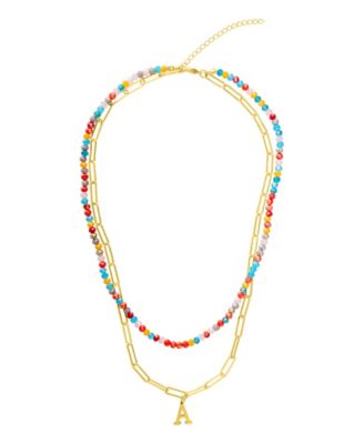 Gold Adjustable Layered Color Faux Stone Beads and Paperclip Chain Initial Necklace