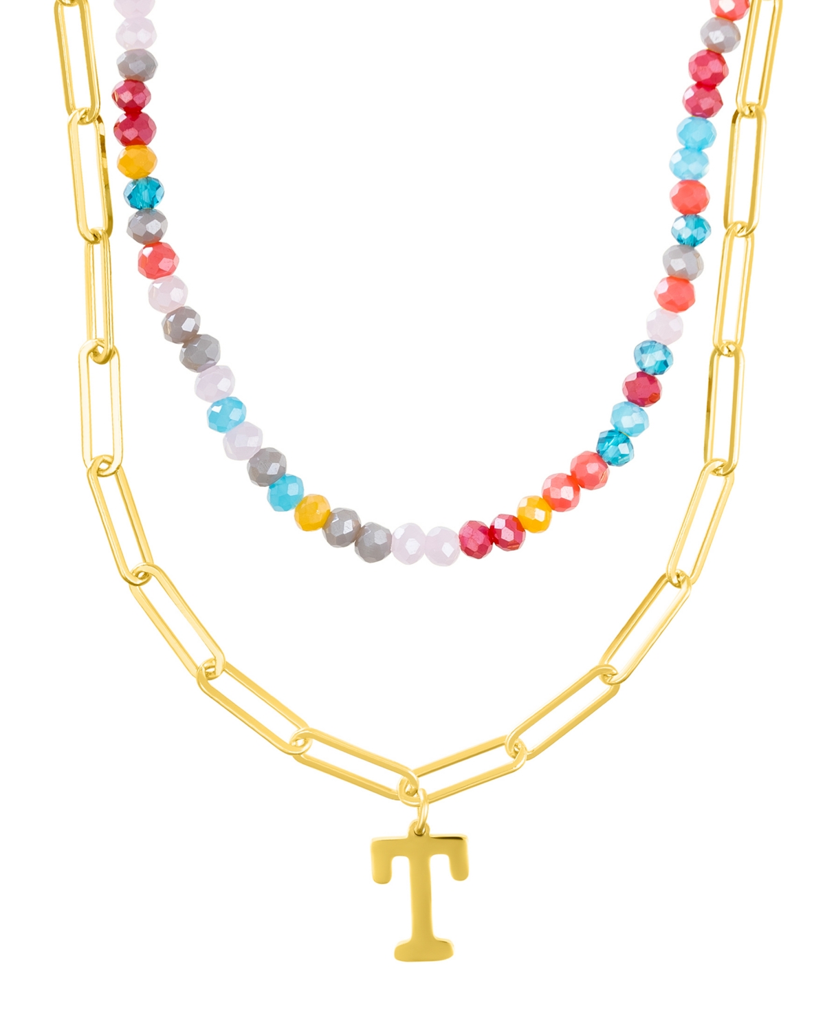 Adornia Gold Adjustable Layered Color Faux Stone Beads And Paperclip Chain Initial Necklace In Letter T