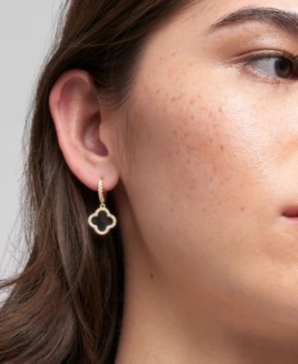 Gold Crystal Halo Colored Clover Dangle Huggie Earrings