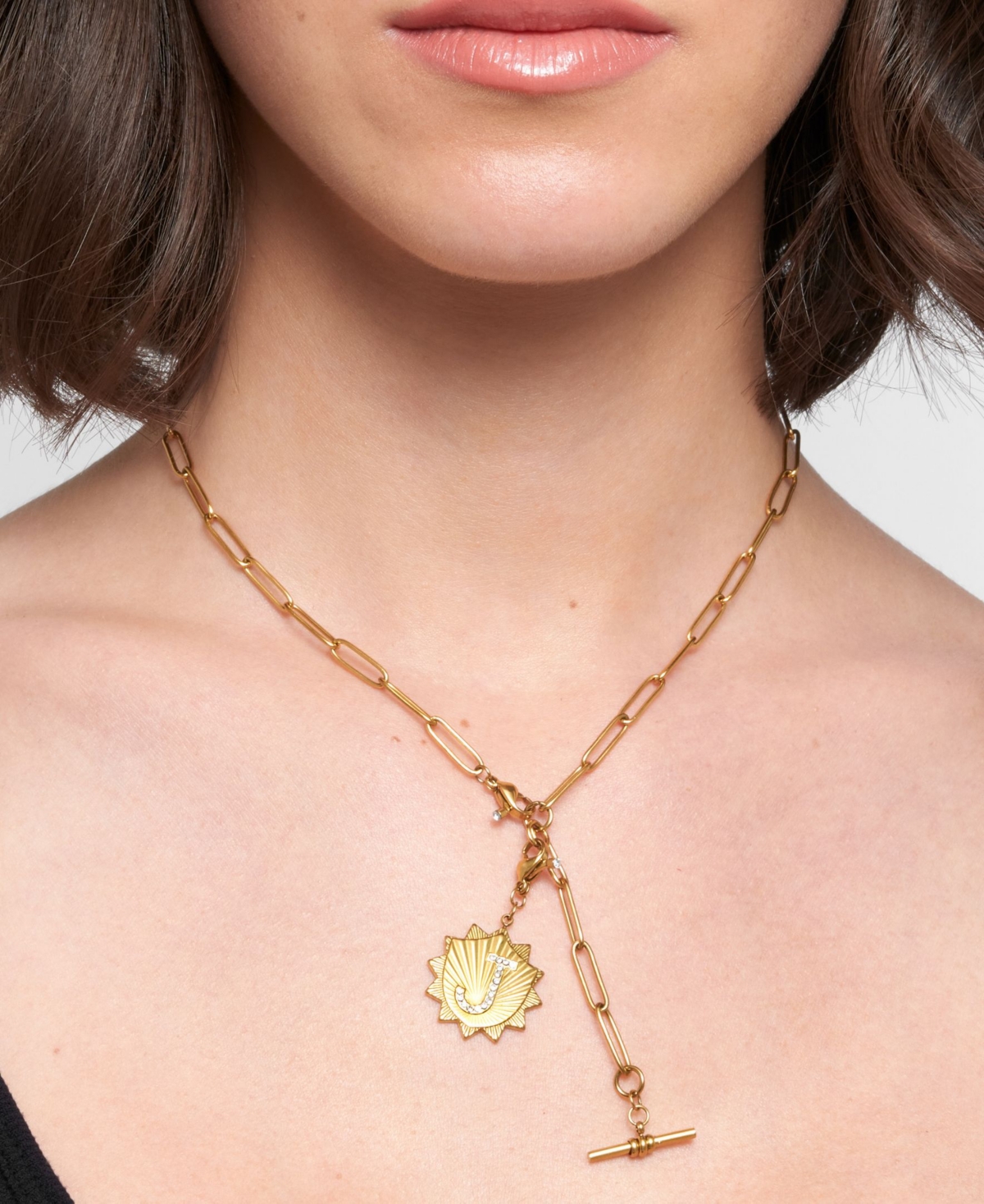 Adornia Gold Adjustable Paperclip With Crystal Initial Medallion Lariat Necklace In Letter R