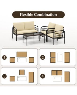 4 Pieces Outdoor Wicker Conversation Bistro Set with Soft Cushions and Tempered Glass Coffee Table
