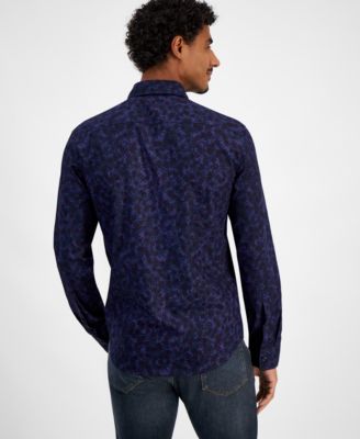 新品✨【HUGO BOSS】長袖シャツ SLIM FIT 総柄 ネイビー XL HUGO by Hugo Boss Men's Ermo Slim Fit Printed Long Sleeve Button