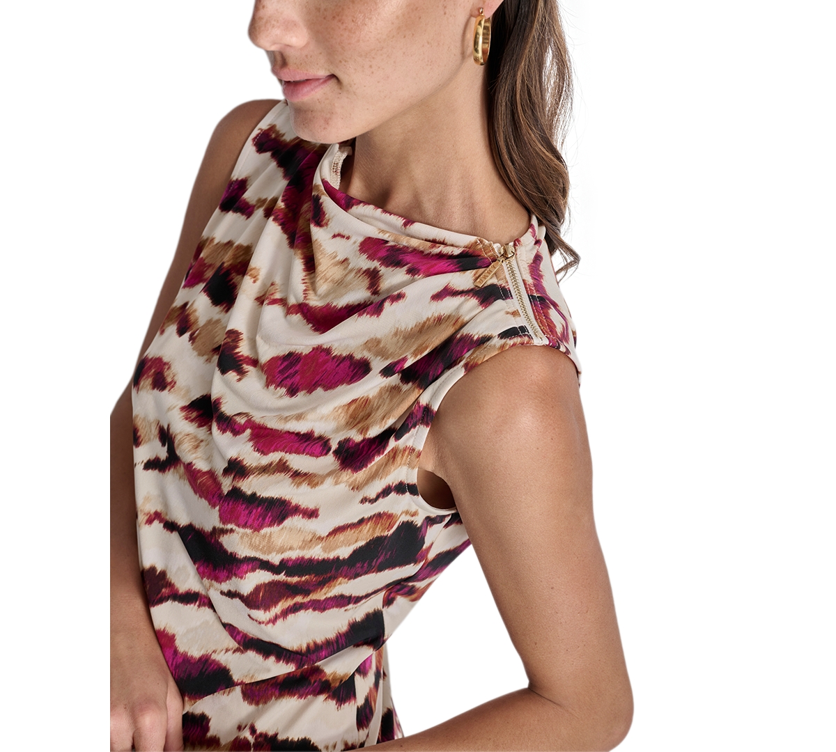 Dkny Petite Printed Draped-Neck Zipper-Shoulder Top