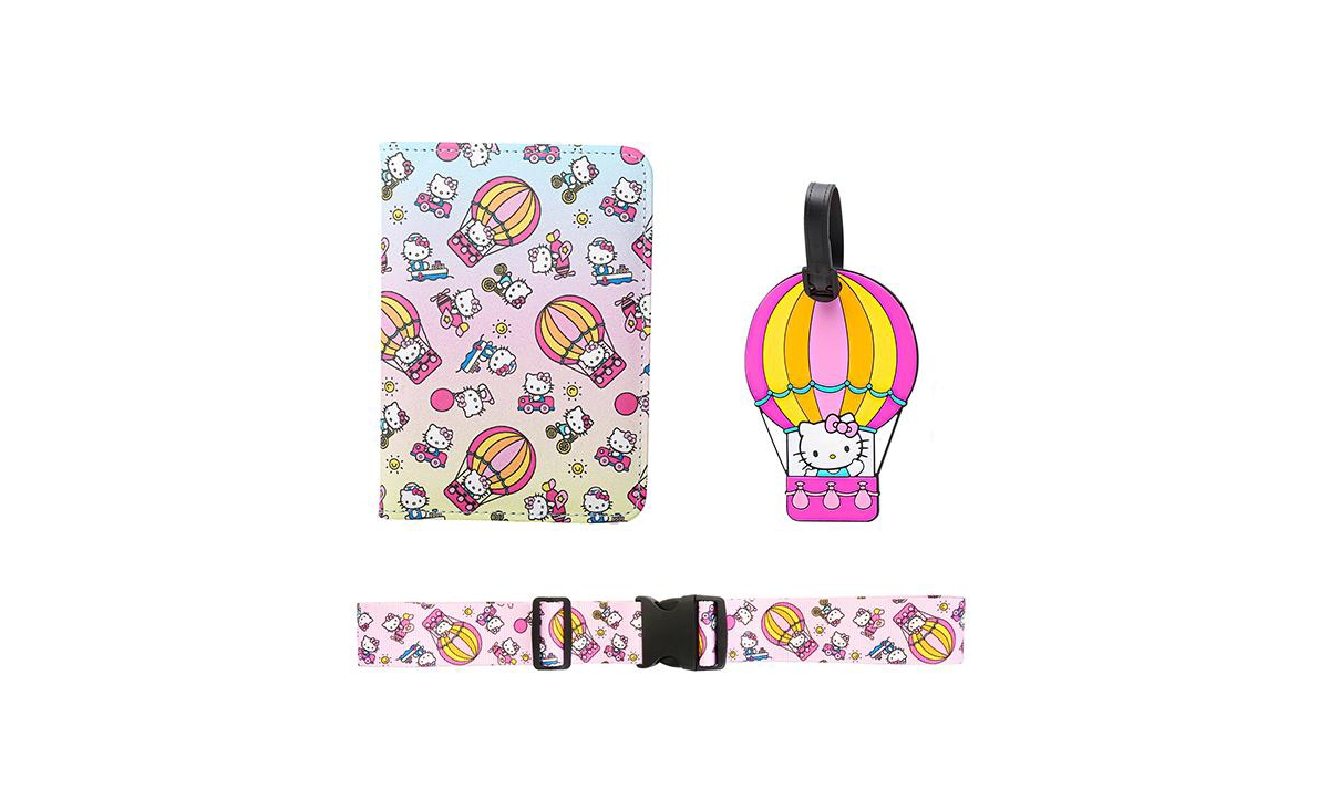 Hello Kitty Sanrio Passport Holder, Luggage Tag, Luggage Strap Gift Travel Set - Pink, white, yellow