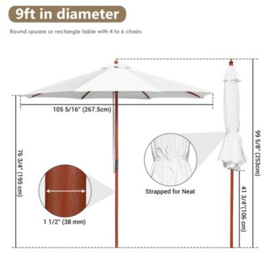 9FT Wooden Patio Umbrella UV30+ for Beach Pool Wedding Party Table Market Garden Yard Hotel Deck Cafe White