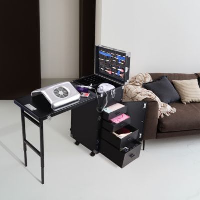 Aluminum Rolling Makeup Train Case with Table Salon Nail Trolley Cosmetic Organizer Black
