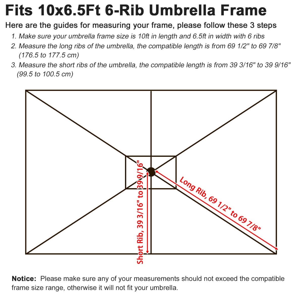 10x6.5 Ft Patio Umbrella Replacement Canopy Market Table Top Sunshade Cover