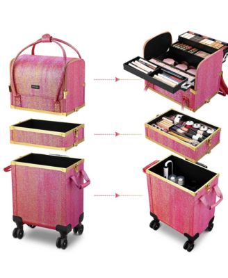 Red Gold Makeup Train Case Lockable Rolling Cosmetic Trolley Storage