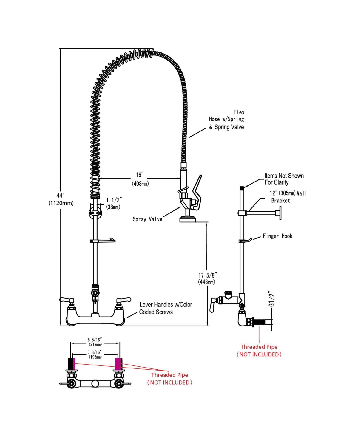 Aquaterior Wall Mount Commercial Faucet w/ Pre-Rinse Pull Down Sprayer 2 Pack
