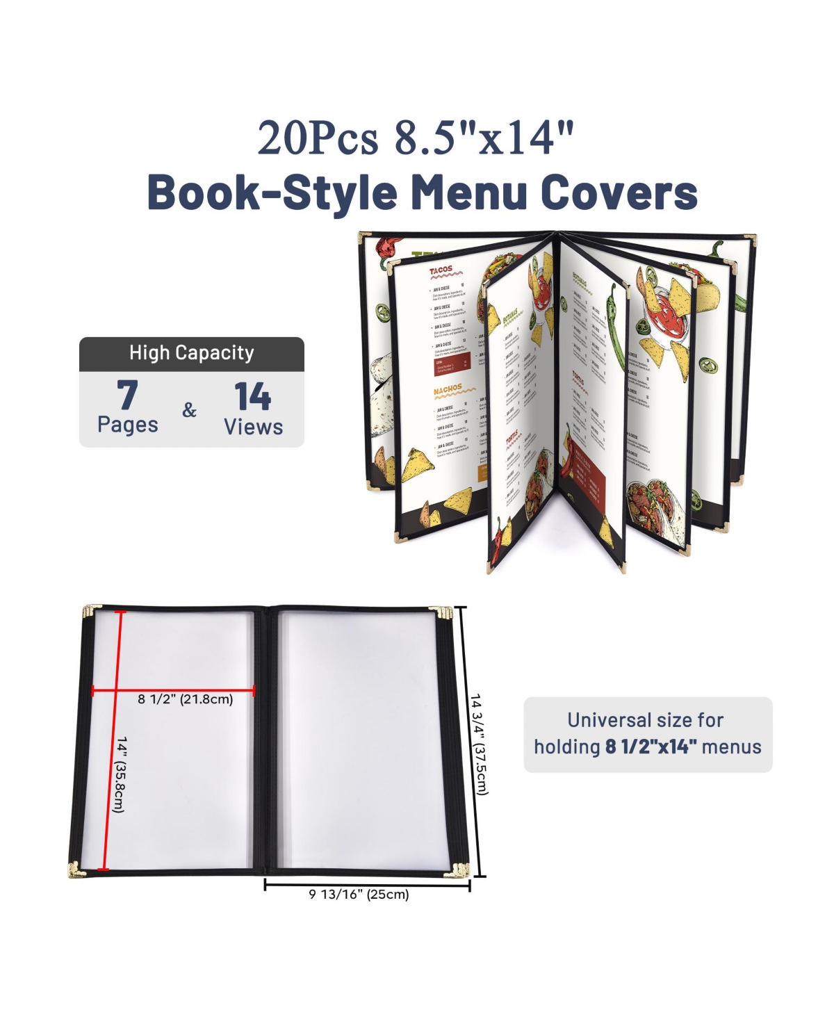 Yescom WeChef 20 Pack Restaurant Menu Covers 8.5 x 14 Book Style 7 Pages 14 Views Black