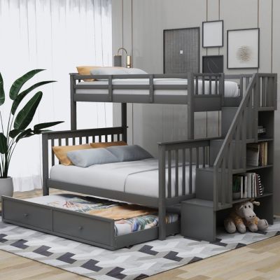 Twin-Over-Full Bunk Bed with Storage and Guard Rail