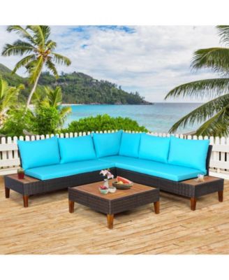 4 Pieces Patio Cushioned Rattan Furniture Set with Wooden Side Table