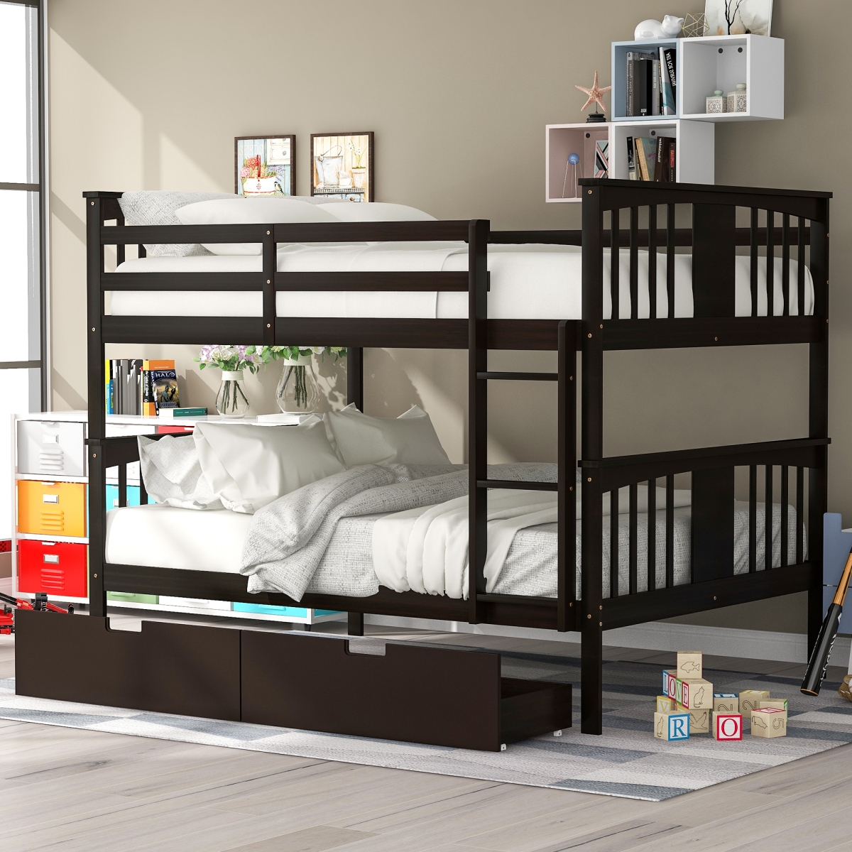 Streamdale Furniture Full Over Full Bunk Bed With Drawers And Ladder For Bedroom, Guest Room Furniture