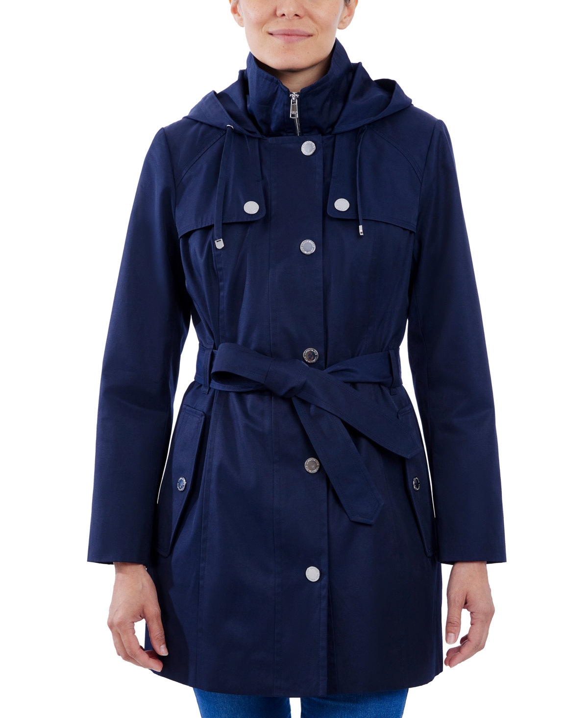 London Fog Women's Hooded Belted Zip-Front Raincoat