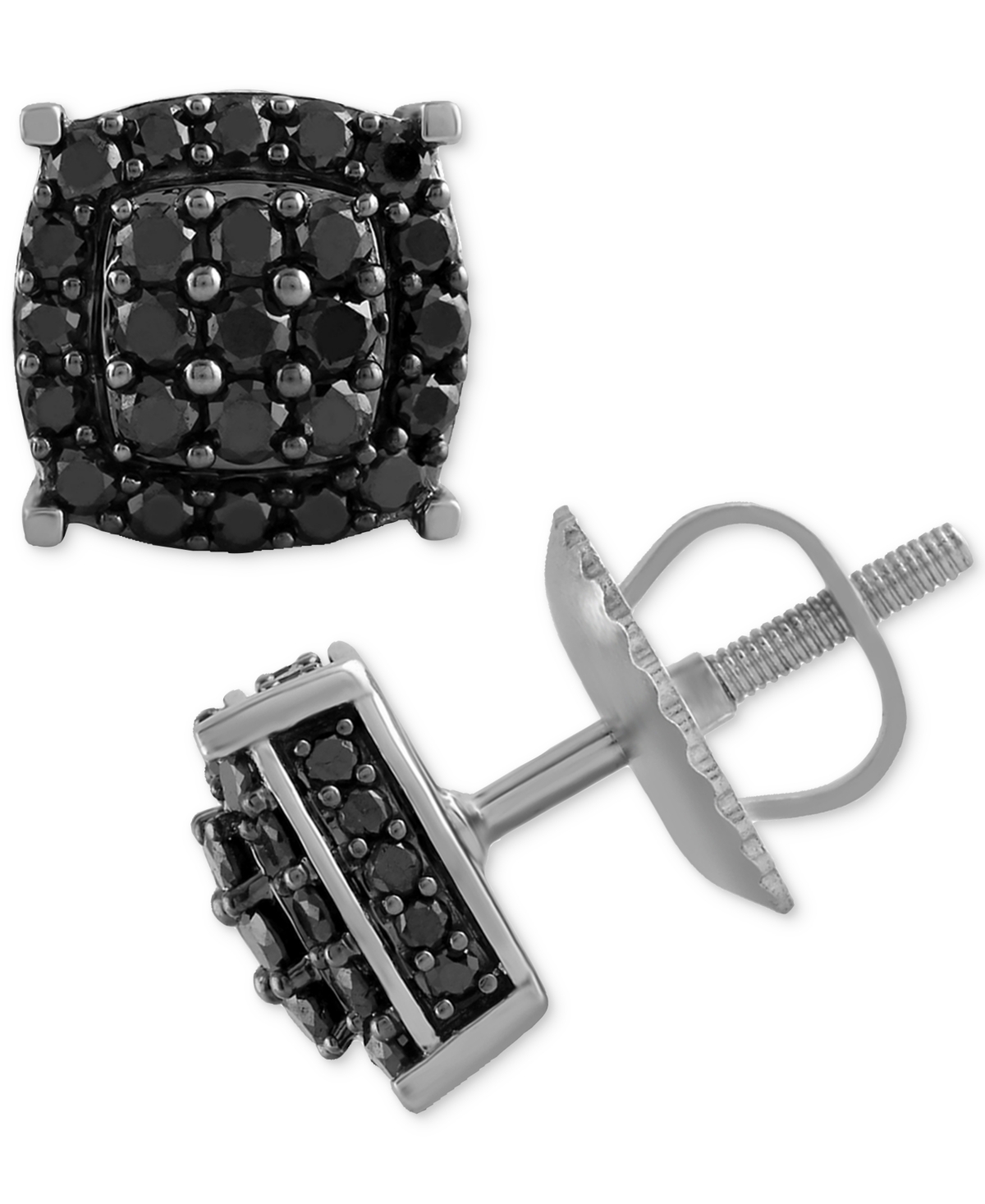 Macy's Men's Black Diamond Halo Cluster Screw Back Stud Earrings (1 Ct. T.w.) In Silver