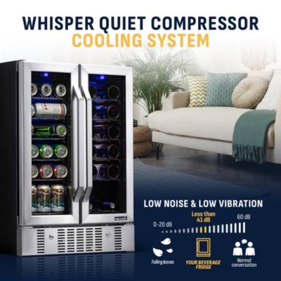 24" Built-in Dual Zone 18 Bottle and 58 Can Wine and Beverage Fridge in Stainless Steel with French Doors and Chrome Shelves