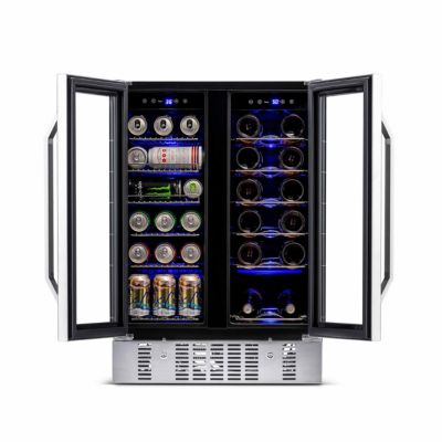 24" Built-in Dual Zone 18 Bottle and 58 Can Wine and Beverage Fridge in Stainless Steel with French Doors and Chrome Shelves