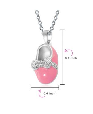 Charm Baby Shoe Pendant Necklace Gift New Mother Pink Enamel Bow CZ Accent Sterling Silver