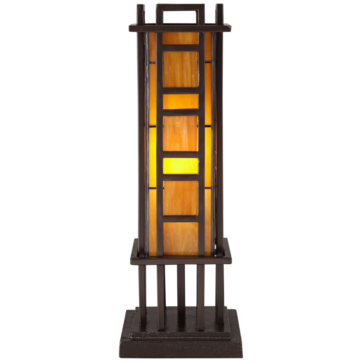 Prairie Style Mission Rustic Pillar Accent Table Lamp Bronze Iron Column Hand-Cut Amber Stained Art Glass for Living Room Bedroom House Bedside Nights