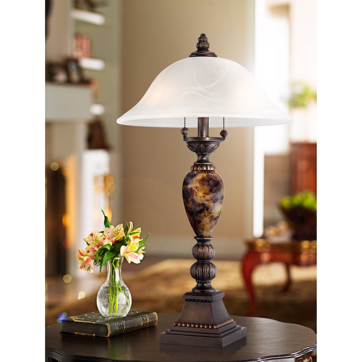 Mulholland Traditional Vintage like Table Lamp 27" Tall Aged Bronze Faux Marble White Alabaster Glass Dome Shade for Living Room Bedroom House Bedside