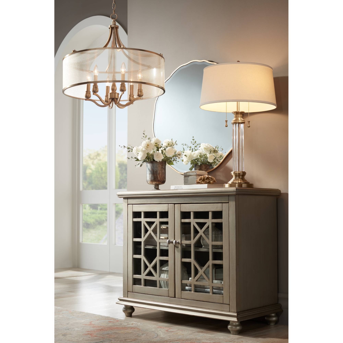 Rolland Traditional Table Lamp Tall Antique Brass Crystal Column Off White Tapered Drum Shade Decor for Living Room Bedroom House Bedside Nightsta
