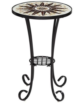 Rustic Black Round Outdoor Accent Side Tables 14" Wide Set of 2 Brown Mosaic Tabletop for Front Porch Patio Home House