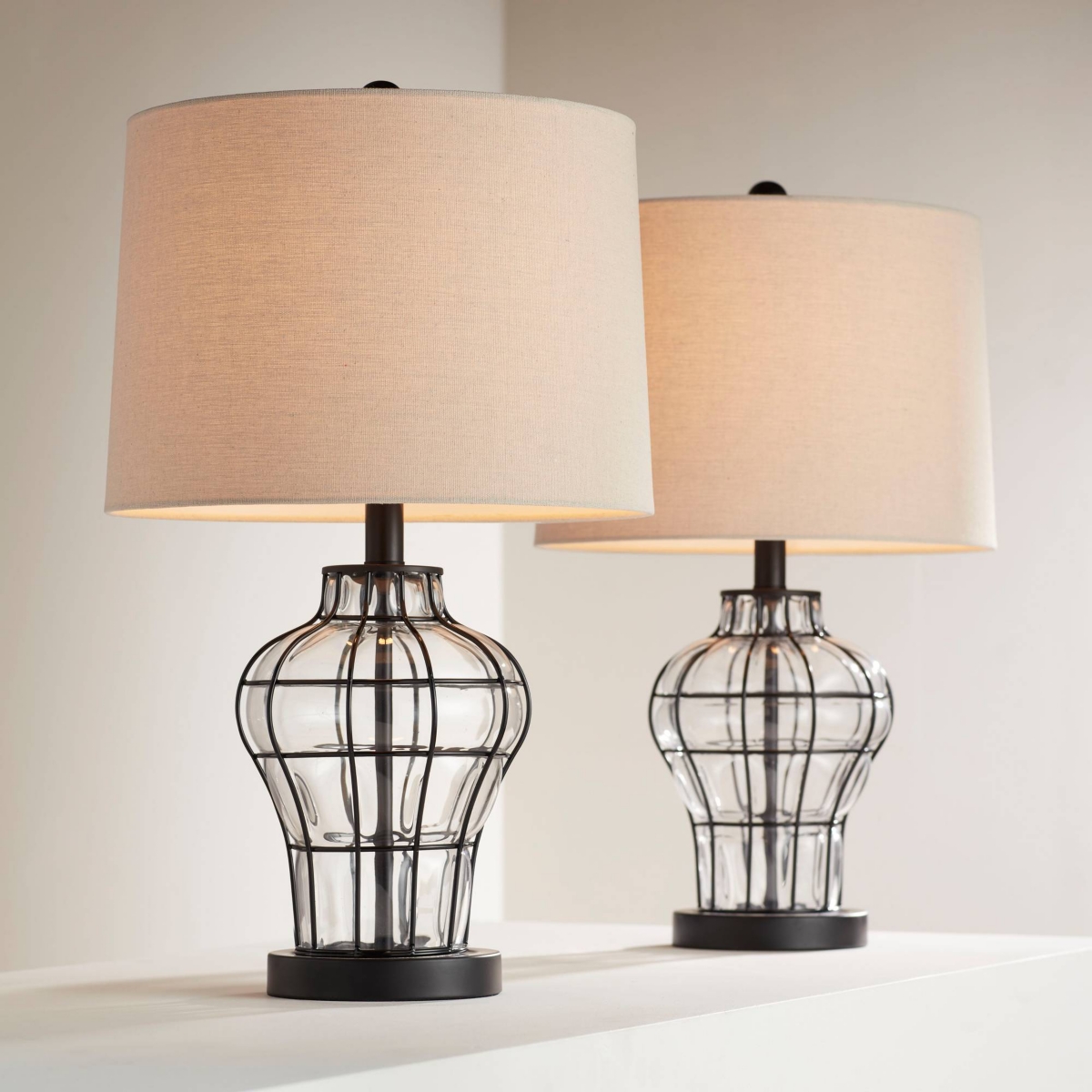 360 Lighting Hudson Rustic Coastal Nautical Table Lamps High Set of 2 Dark Bronze Clear Blown Glass Gourd Burlap Fabric Drum Shade for Living Room