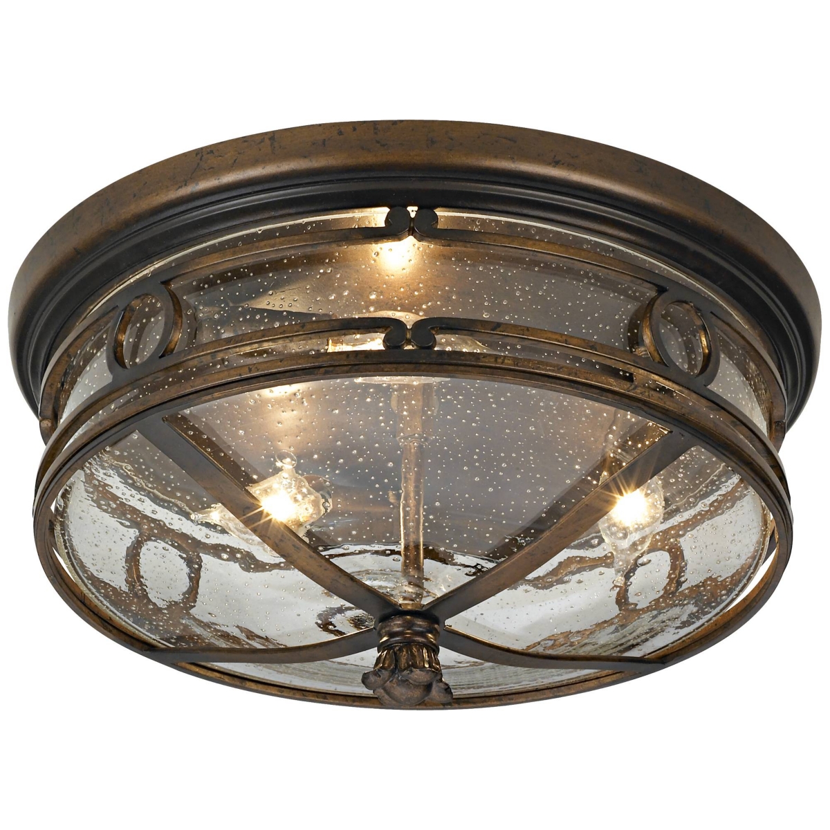 Beverly Drive Rustic Flush-Mount Outdoor Ceiling Light Fixture Bronze 14" Clear Seedy Glass Damp Rated for Exterior House Porch Patio Outside Deck Gar