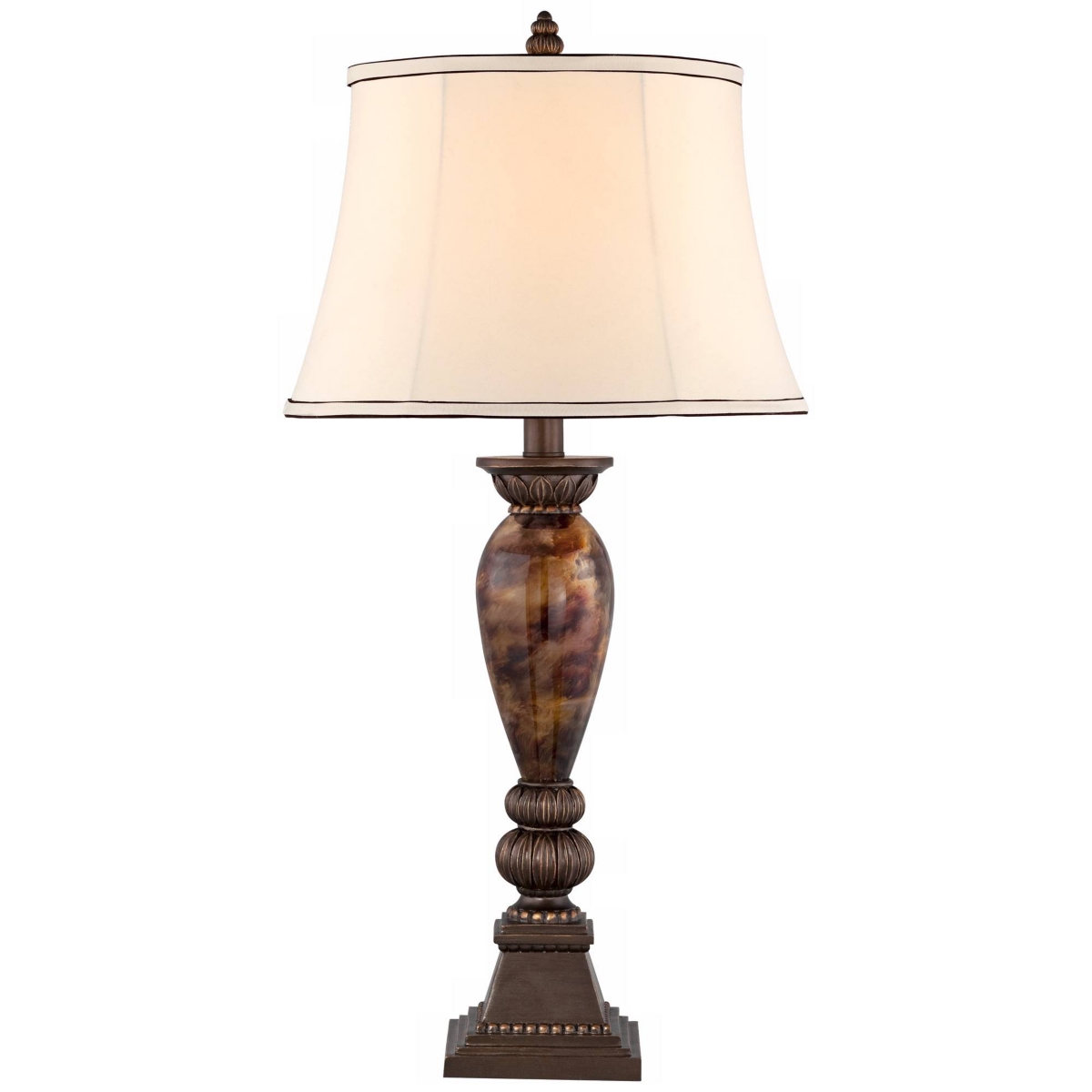 Mulholland Traditional Vintage like Table Lamp Tall Aged Bronze Golden Faux Marble Off White Bell Shade for Living Room Bedroom House Bedside Nigh