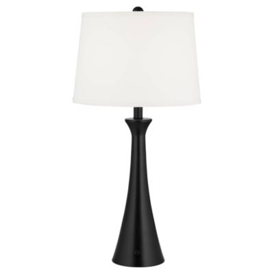 Karl Modern Table Lamps 28 1/4" Tall Set of 2 Black Metal with USB and AC Power Outlet in Base White Drum Shade for Bedroom Living Room