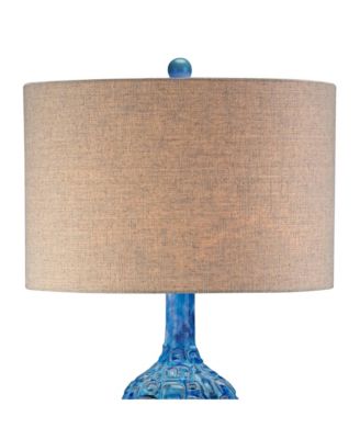 Mid Century Modern Table Lamp Ceramic Tiled Teal Tall Tan Linen Drum Shade for Living Room Family Bedroom (Colors May Vary)
