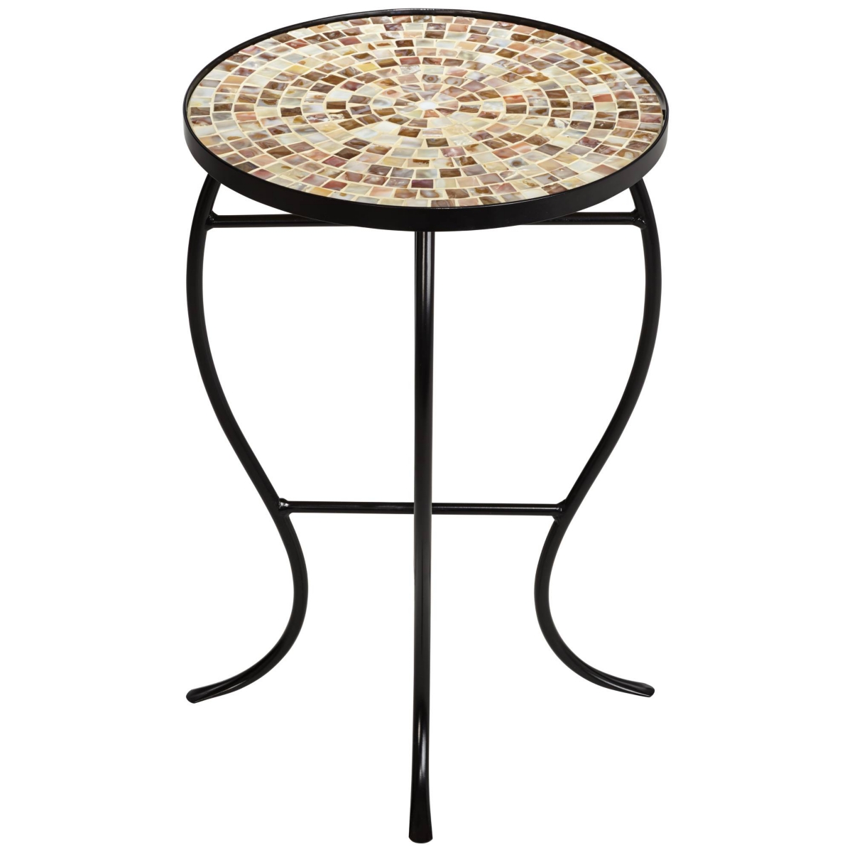 Mother of Pearl Modern Black Metal Round Outdoor Accent Side Table WideMosaic Tile Tabletop Gracefully Curved Legs for Spaces Porch Patio