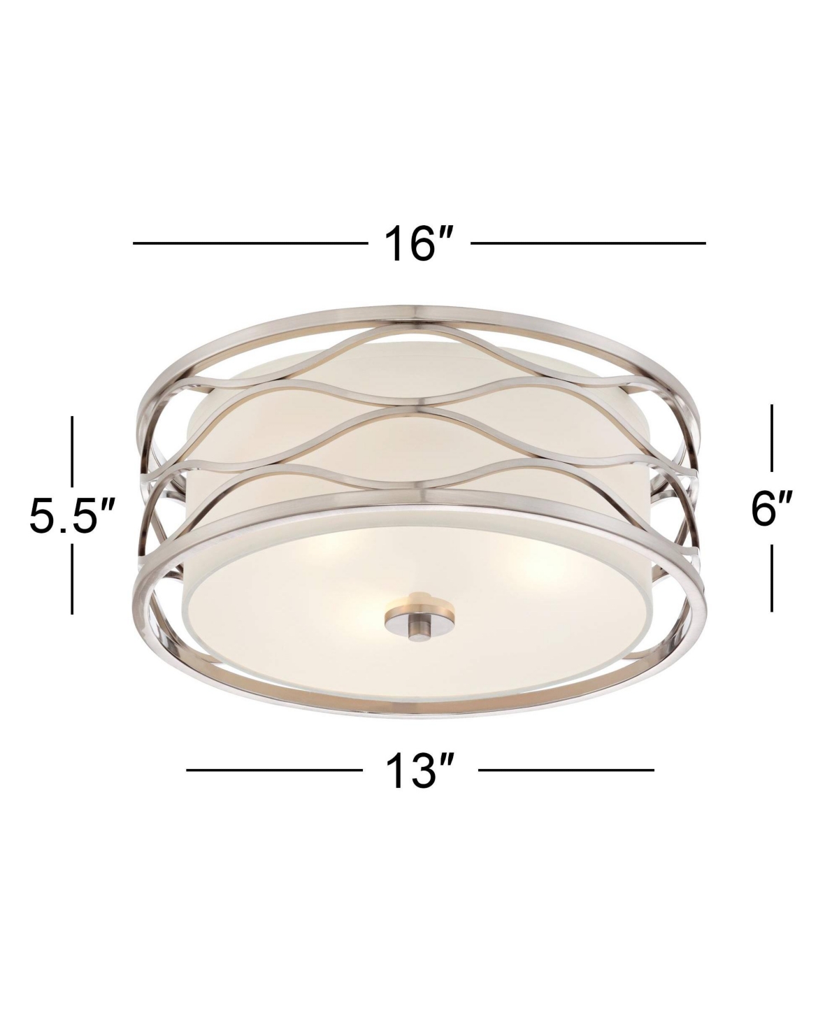 Possini Euro Design Austen Modern Ceiling Light Flush Mount Fixture Wide Brushed Nickel Wavy Frame White Fabric Drum Shade for Bedroom Kitchen Liv